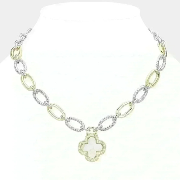 COPY - TWO TONE MOTHER OF PEARL PAVE QUATREFOIL PENDANT NECKLACE WITH TEXTURED … - Picture 1 of 2